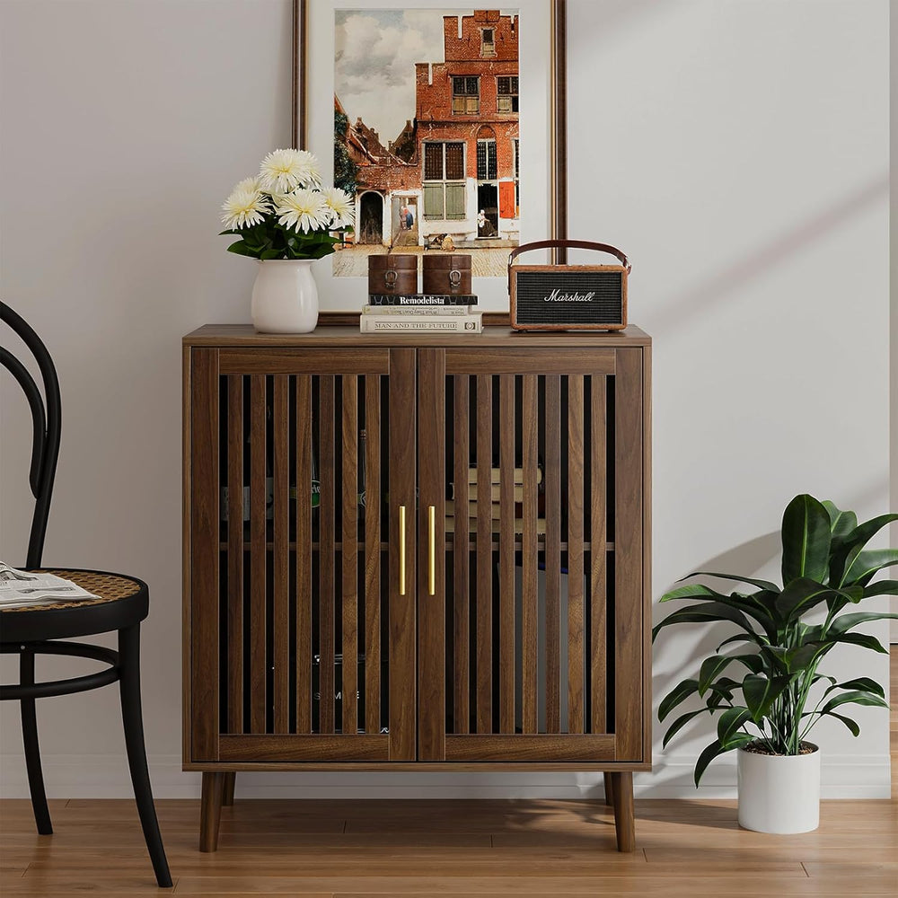 Buffet Cabinet with Storage Walnut Sideboard with Grille Doors&Adjustable...