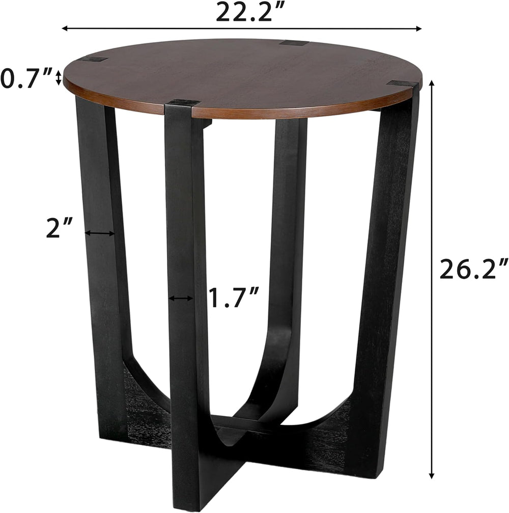 Round Wood Side End Table, Modern Industrial Accent Table with Curved Black M...