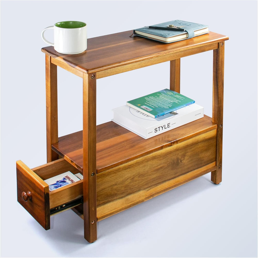 ENKEZI Narrow End Table with Drawer and Shelf – Slim Side Table for Small Spa...