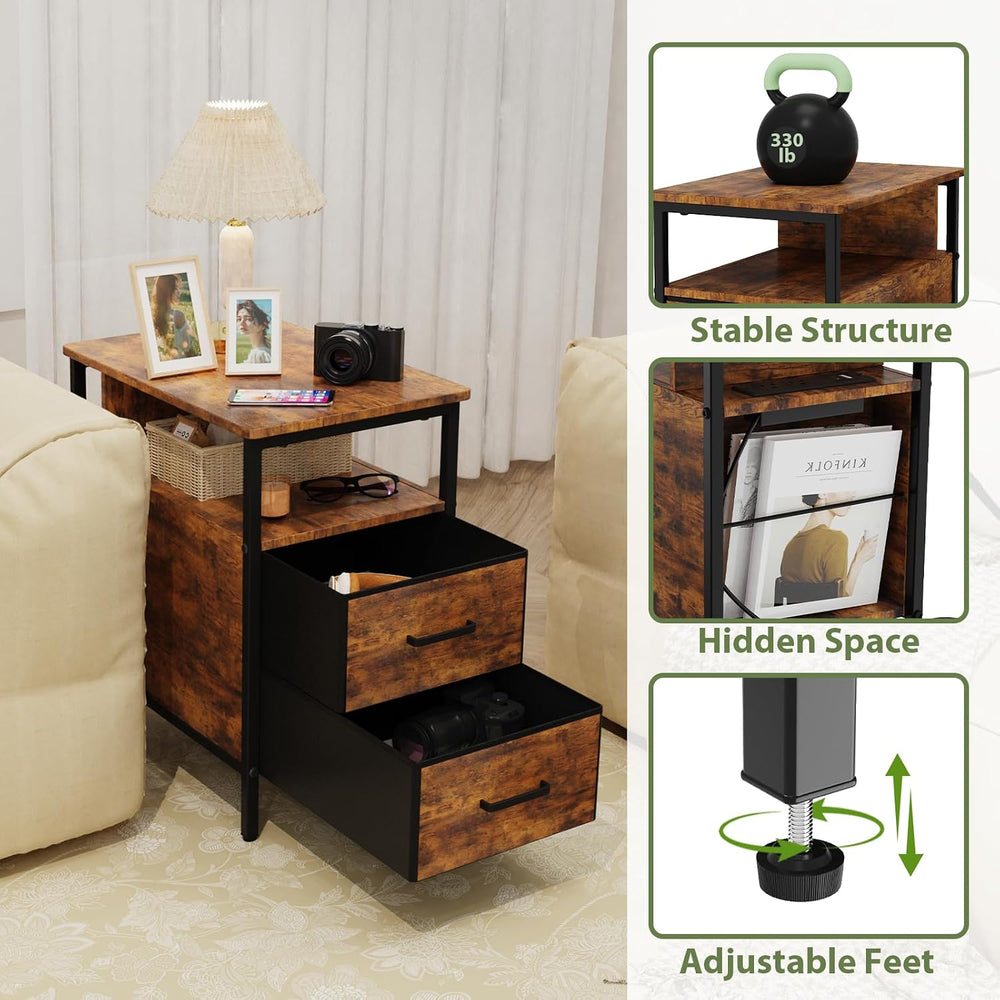 End Table with Charging Station, Narrow Side Table with 2 Fabric Drawers &amp...