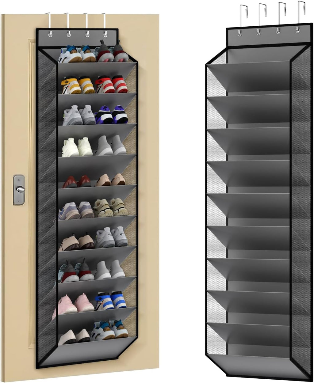 KEEPJOY 10 Tiers Mesh Over Door Shoe Organizer Storage, Hanging Shoe Holder for Door with Large Deep Pockets, Holds 20-30 Pairs of Shoes, Ideal for Sneakers & Boots.(Grey)