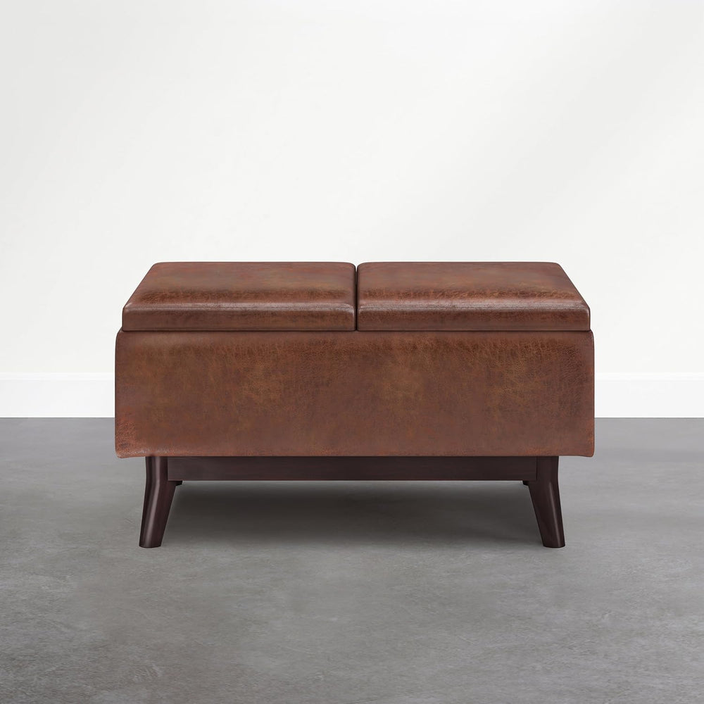 SIMPLIHOME Owen 34" Vegan Leather Storage Ottoman in Distressed Pecan Brown
