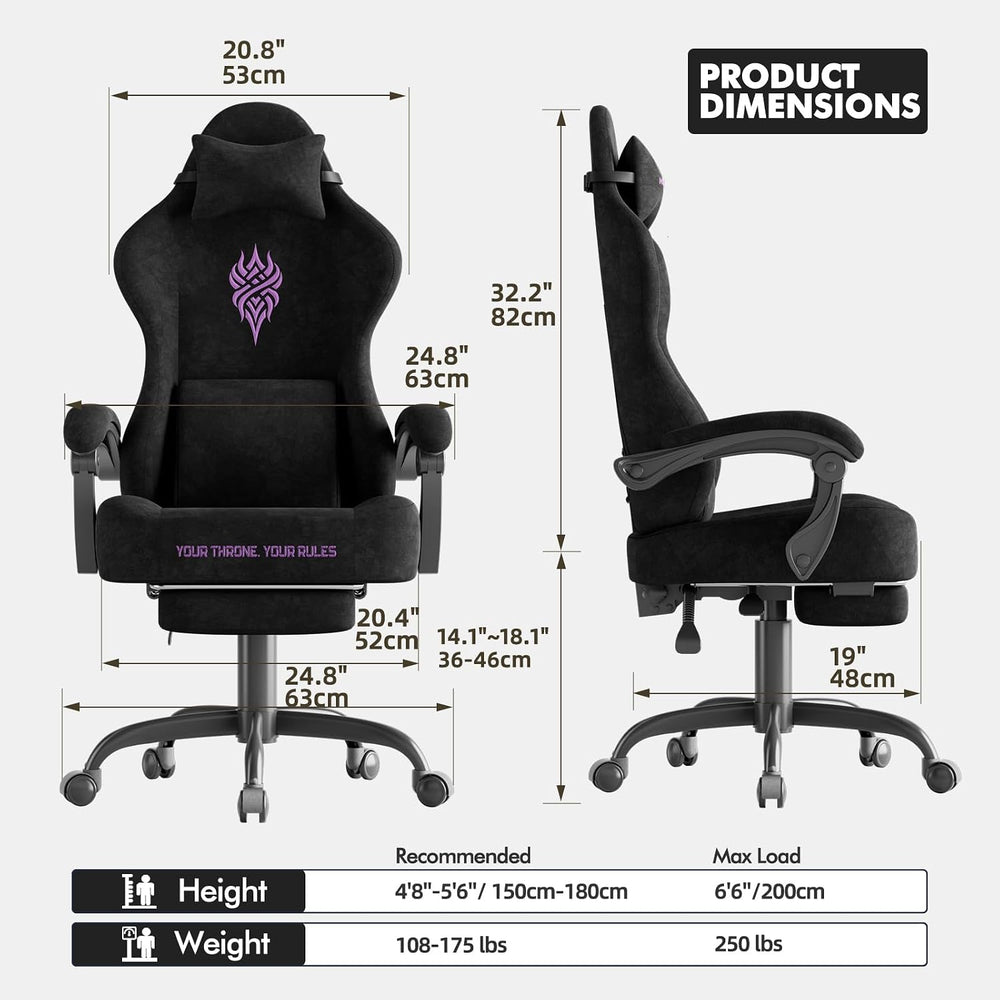 Soontrans Black Velvet Fabric Gaming Chairs with Footrest, Ergonomic Comforta...