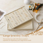 Large Velvet Jewelry Tray 2 Pack Stackable Jewelry Display Drawer Inserts Trays Organizer for Earring Bracelet Necklace Ring (Beige, Ring 81 Slots)