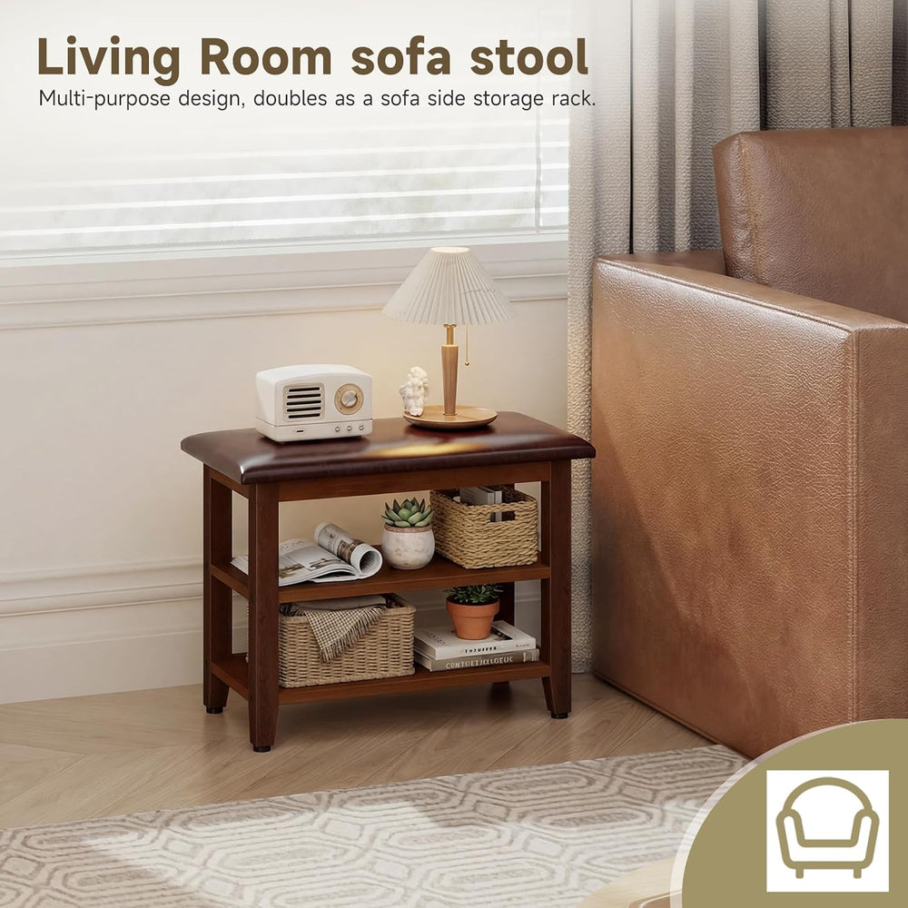 Shoe Bench with Leather Cushion,Wood Bench with Shoe Rack,2-Tier Shoe Storage...