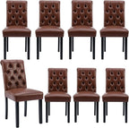 Farmhouse Dining Chairs Set of 8, PU Leather Kitchen Chairs Modern Tufted Accent Chair Solid Wood Parsons Side Chairs for Living Room/Bedroom/Resturant/Dinner, (Brown)