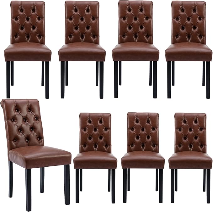 Farmhouse Dining Chairs Set of 8, PU Leather Kitchen Chairs Modern Tufted Accent Chair Solid Wood Parsons Side Chairs for Living Room/Bedroom/Resturant/Dinner, (Brown)