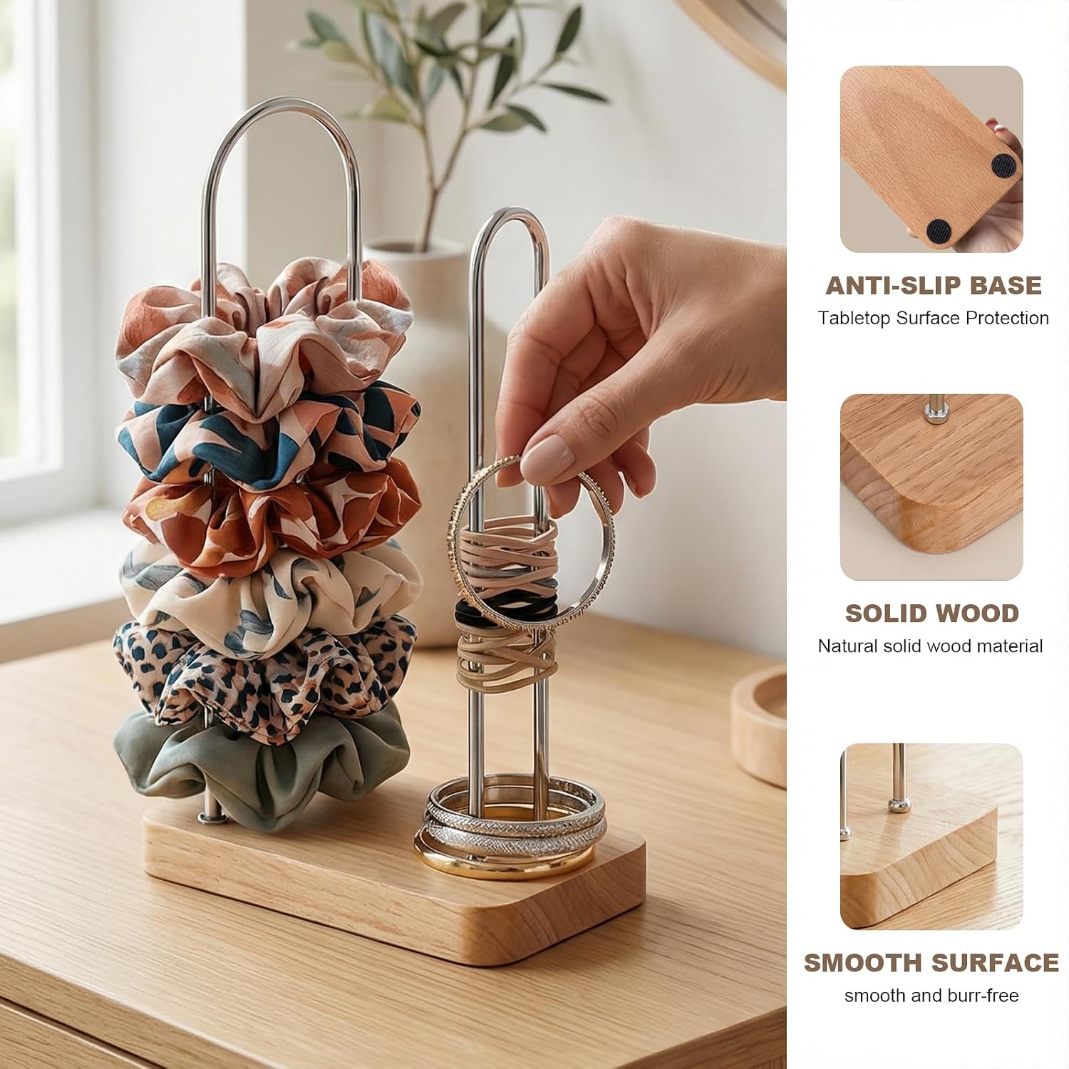 2PCS Hair Tie Holder Organizer, Scrunchie Holder Stand for Women Girls, Hair Accessories Storage Organizer, Scrunchie Organizer for Vanity Countertop and Bathroom (Natural)