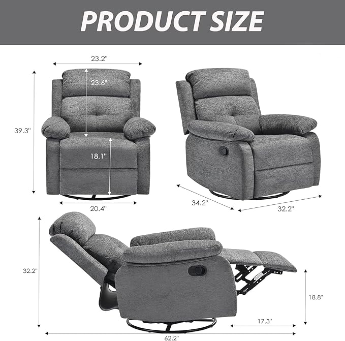 Swivel Rocker Recliner with 360 Degree Swivel, Small Recliners with 30 Degree, 90-150 Degree Angle, Lift Chair for Home Theater Seating, Adults, Living Room, Bedroom, Nursery, Limestone