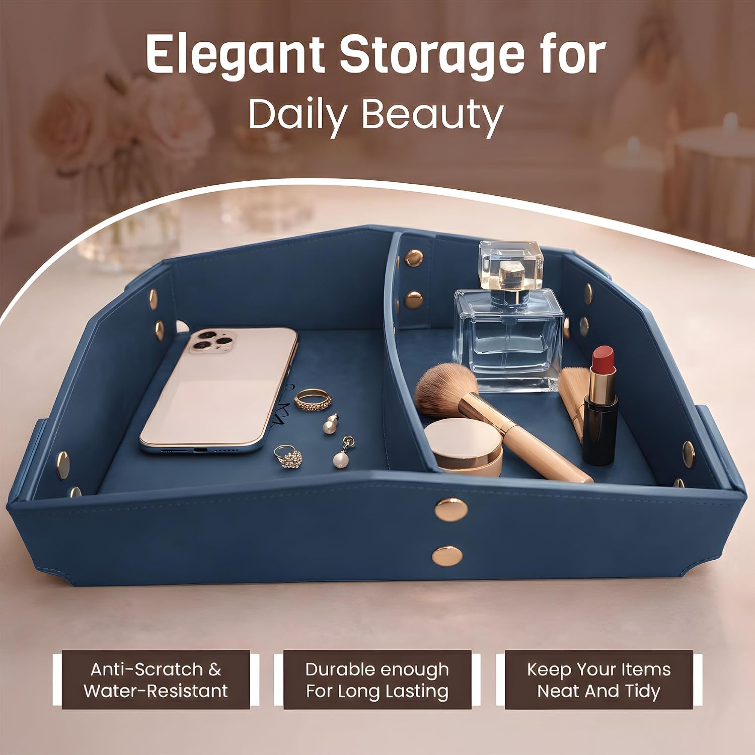 Valet Tray Organizer for Men & Women - PU Leather Catch All Tray with Removable Divider - EDC Storage for Keys, Watch, Phone - Nightstand, Dresser & Desk Organizer - Pacific Navy