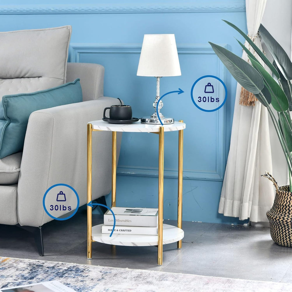 Gold End Table, Faux Marble Side Table, 2-Tier Small Round Nightstand for Bed...