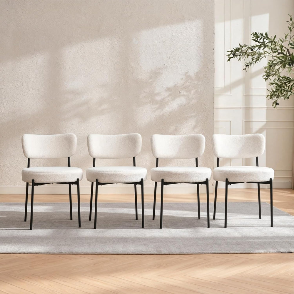 White Boucle Dining Chairs Set of 4, Modern Dining Room Chair with Larger Cur...