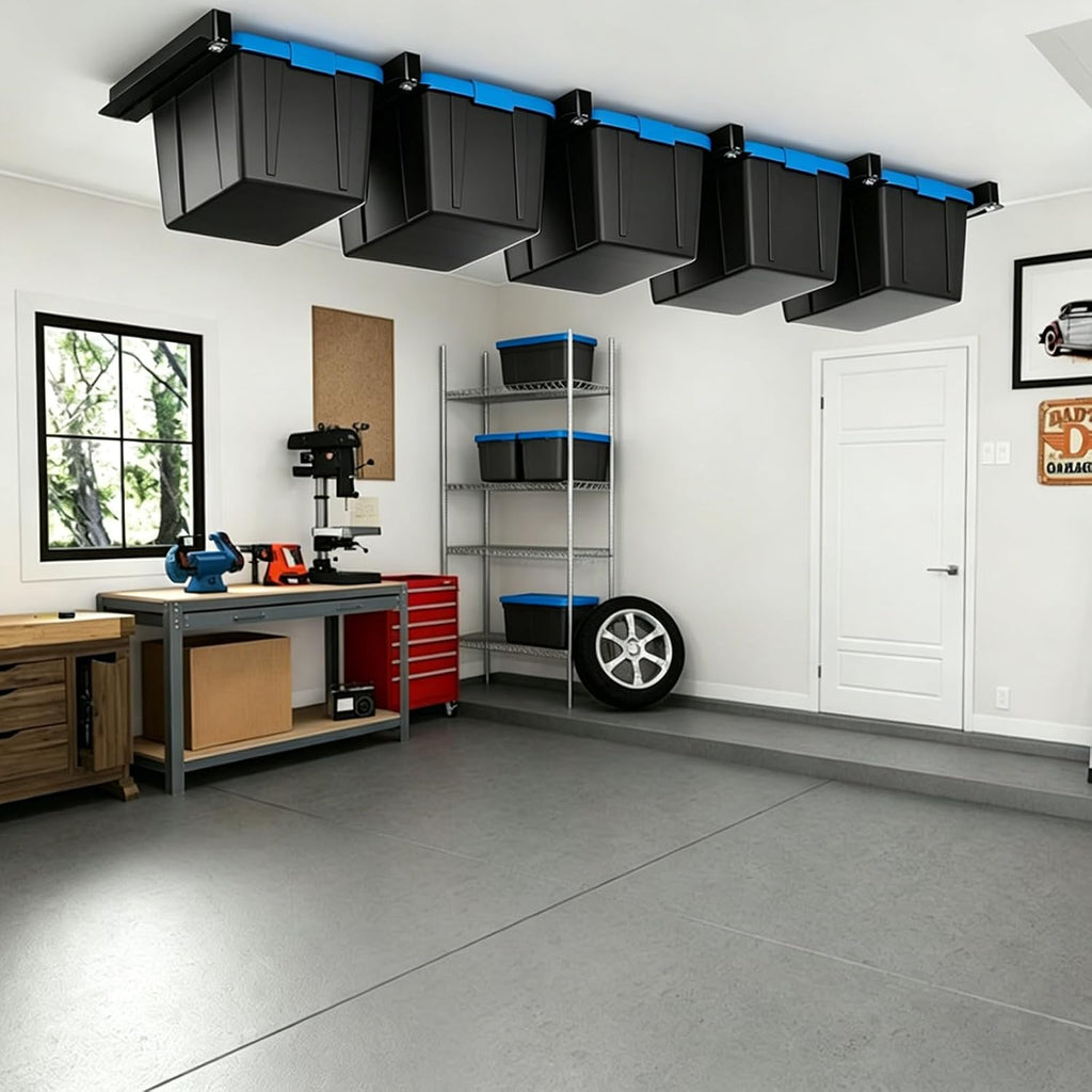 Heavy Duty Garage Ceiling Storage Rack System, Overhead Bin Slide Track Rails for 7 Bins (8 Pack), Adjustable Tote Hanger, 176 Lbs Capacity Steel