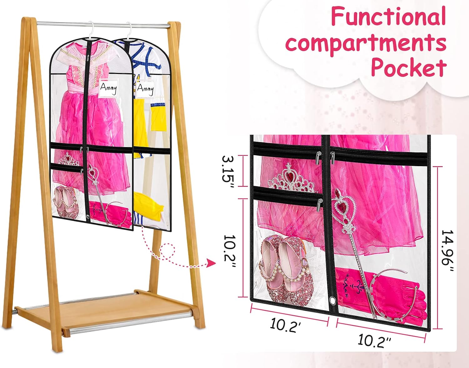 Kimbora Clear Dance Costume Garment Bag for Dancers 3 Zippered Pockets Kids Embroiderable Competitions Bags, Clothes Cover for Girls Dress(3 Packs)