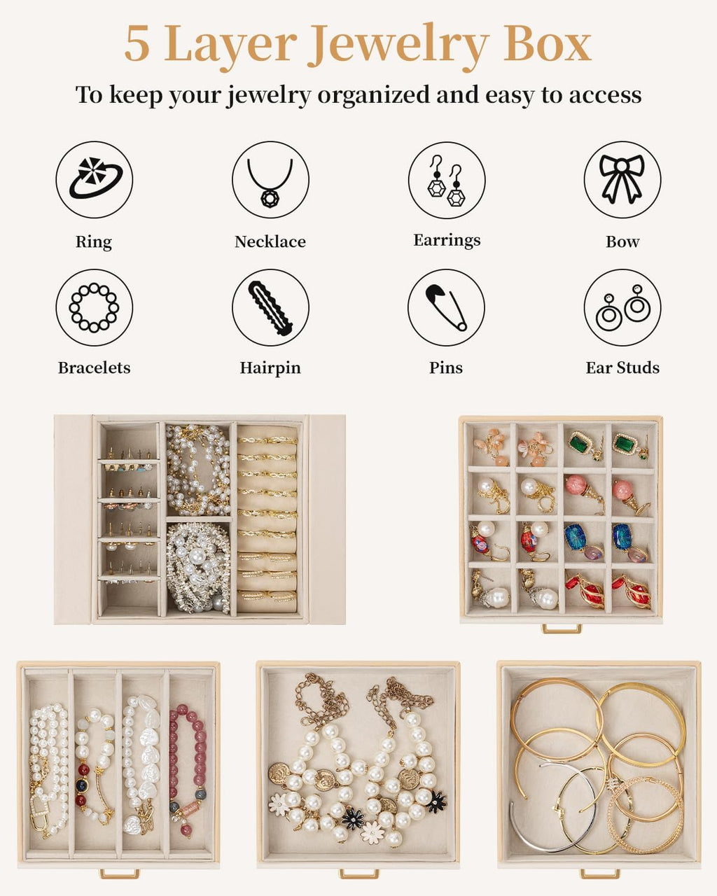 TORIBIO Jewelry Box for Women, Leather Jewelry Organizer with Mirror & Lock, 5-Tier Jewelry Storage Organizer with 4 Drawers for Girls/Women/Mothers, Necklace Earring Bracelets Holder Organizer