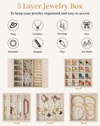 TORIBIO Jewelry Box for Women, Leather Jewelry Organizer with Mirror & Lock, 5-Tier Jewelry Storage Organizer with 4 Drawers for Girls/Women/Mothers, Necklace Earring Bracelets Holder Organizer