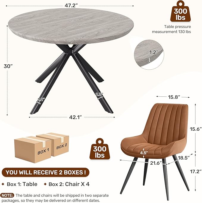 47.2" 5-Piece Round Dining Table Set for 4, Modern Wood Dining Table with 4 Upholstered Chairs, Kitchen & Dining Room Table Set with Metal Base for Apartment, Small Space, Grey Table+4 Brown Chairs