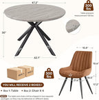 47.2" 5-Piece Round Dining Table Set for 4, Modern Wood Dining Table with 4 Upholstered Chairs, Kitchen & Dining Room Table Set with Metal Base for Apartment, Small Space, Grey Table+4 Brown Chairs