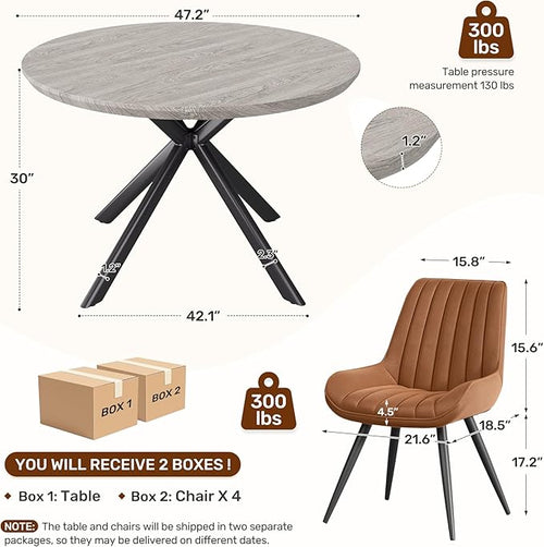 47.2" 5-Piece Round Dining Table Set for 4, Modern Wood Dining Table with 4 Upholstered Chairs, Kitchen & Dining Room Table Set with Metal Base for Apartment, Small Space, Grey Table+4 Brown Chairs