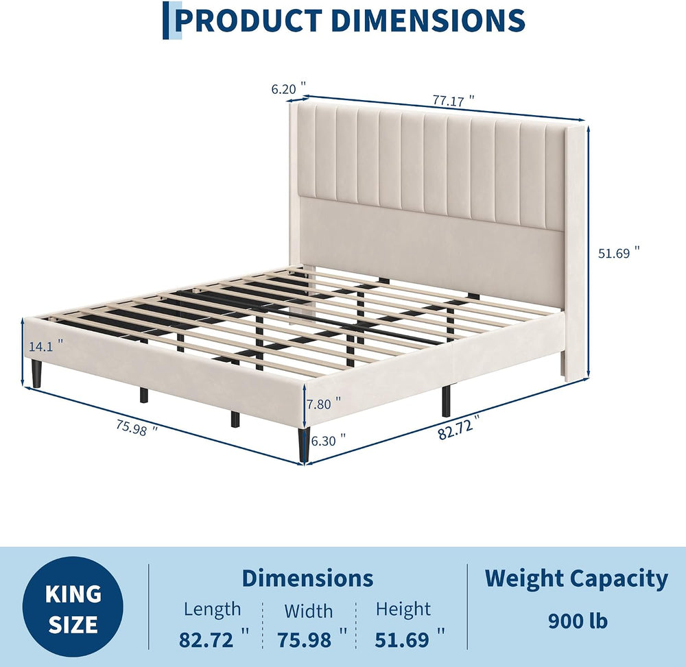 GarveeHome Queen Size Bed Frame with 52'' Tall Wingback Headboard