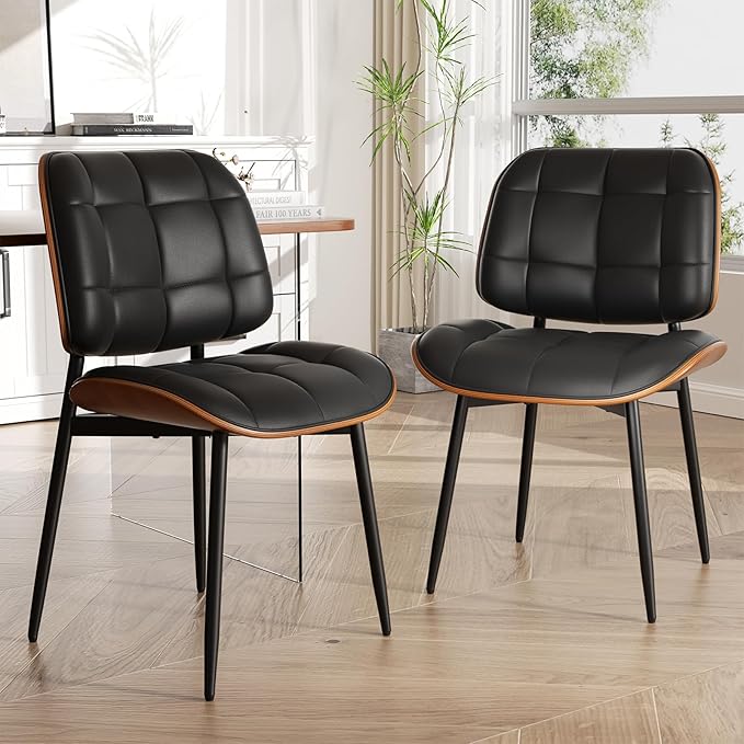 Dining Chairs Set of 6, Black Mid Century Modern Dining Room Chair, Upholstered Faux Leather Kitchen Chairs with Thick Cushion and Walnut Bentwood Back for Kitchen Dining Room, Black
