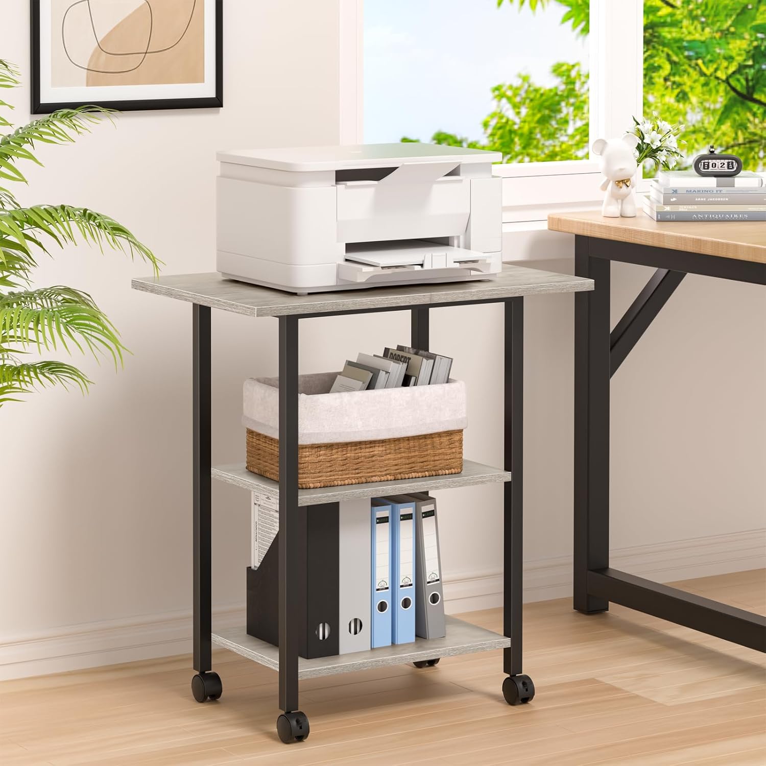 Lerliuo 3-Tier Printer Stand, Industrial Mobile Printer Table with Storage Shelf and Steel Frame, Rolling Printer Cart Holder with Lockable Wheels for Home, Office (Oak)