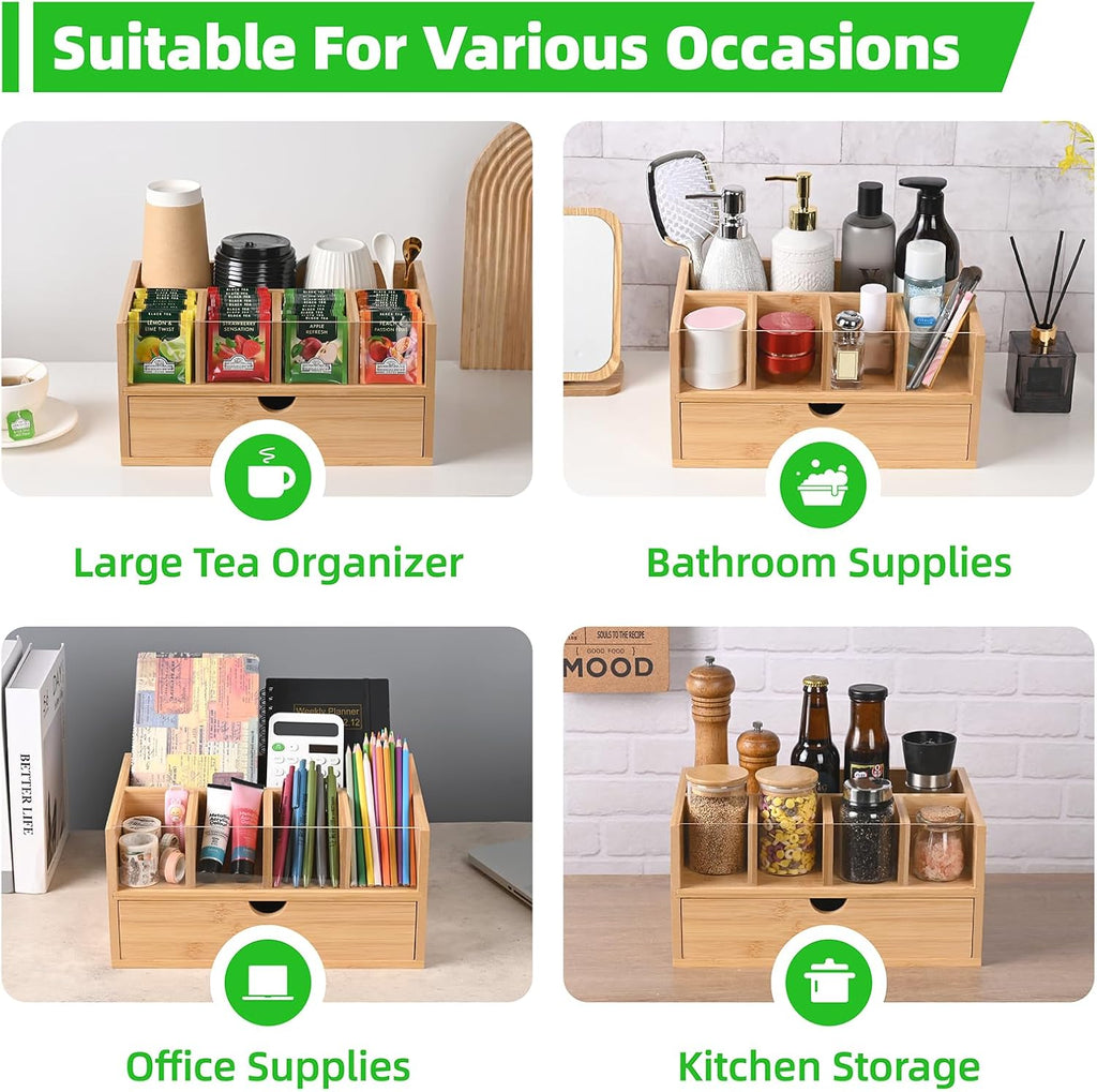 Tea Bag Organizer, Bamboo Tea Organizers and Storage, Tea Box Organizer Storage Box with Drawer, Portable Tea Bag Holder Organizer, Tea Storage Organizer for Countertop, Pantry, Kitchen
