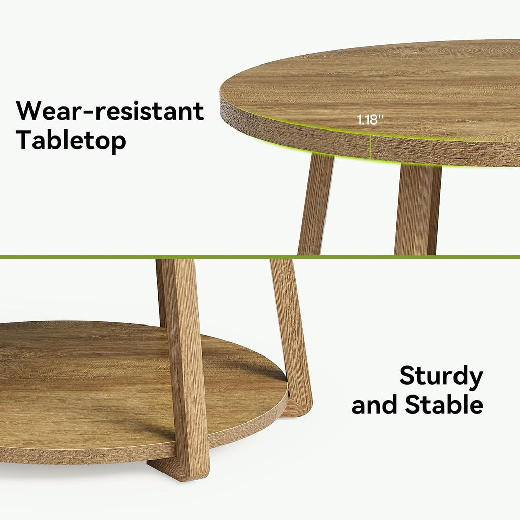 LITTLE TREE Round Coffee Table, 2-Tier Center Table with Storage | Wooden Legs, 31.5 Dia. x 19.6 H Inches, Easy Assembly, Circle Coffee Tables for Living Room, Bedroom