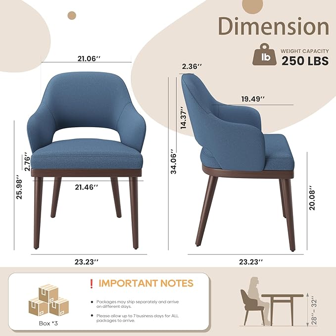 Wooden Dining Chairs Set of 6, Modern Fabric Upholstered Dining Room Chair, Kitchen Side Chairs, Farmhouse Dinner Chair with Open Back for Kitchen, Blue