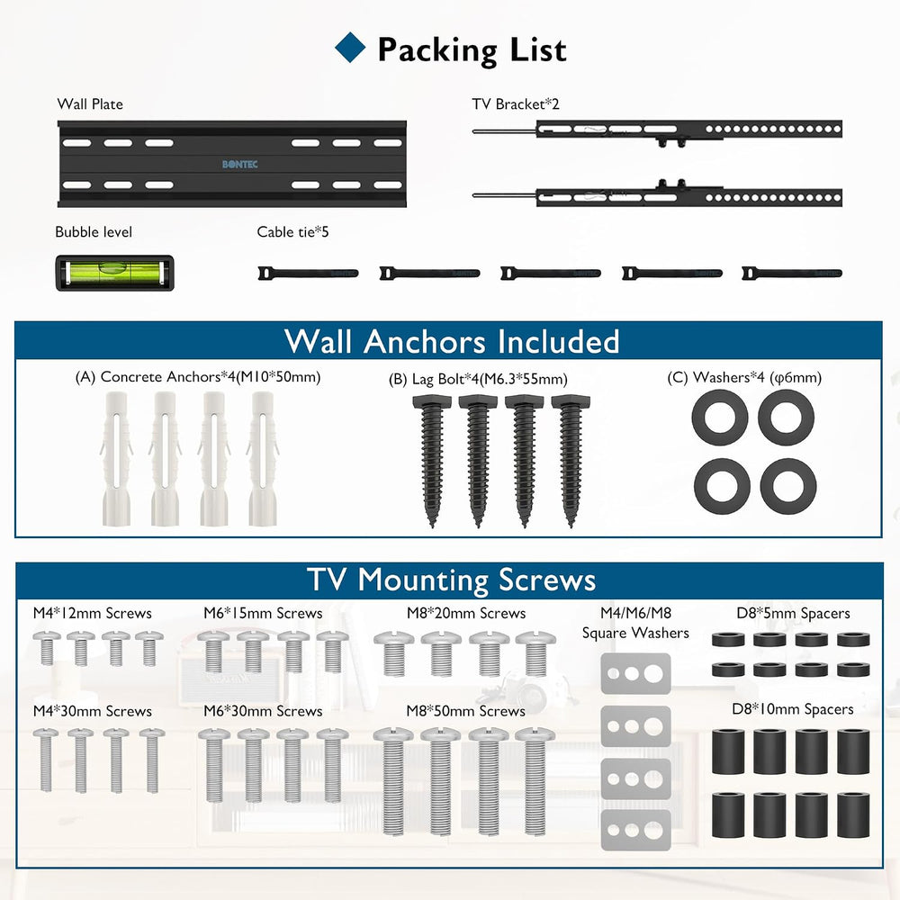 BONTEC TV Wall Mount Tilting for 23-60 inch TVs, Low Profile Design, Max VESA...