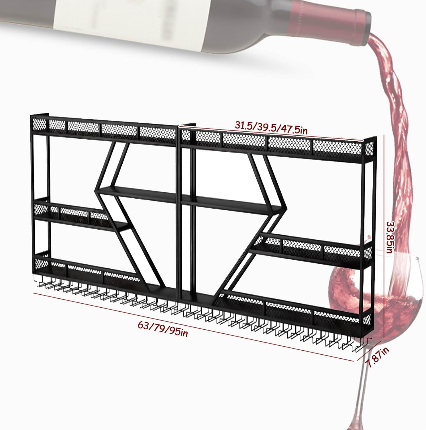 79in Wall Mounted Wine Rack, Large Metal Wine Bottle Holder, 3 Tier Modern Fashion Diamond Shaped Floating Bar Unit Wine Storage Shelves, for Home Restaurant Bars Decor (Black, 3 Tier - 79in)