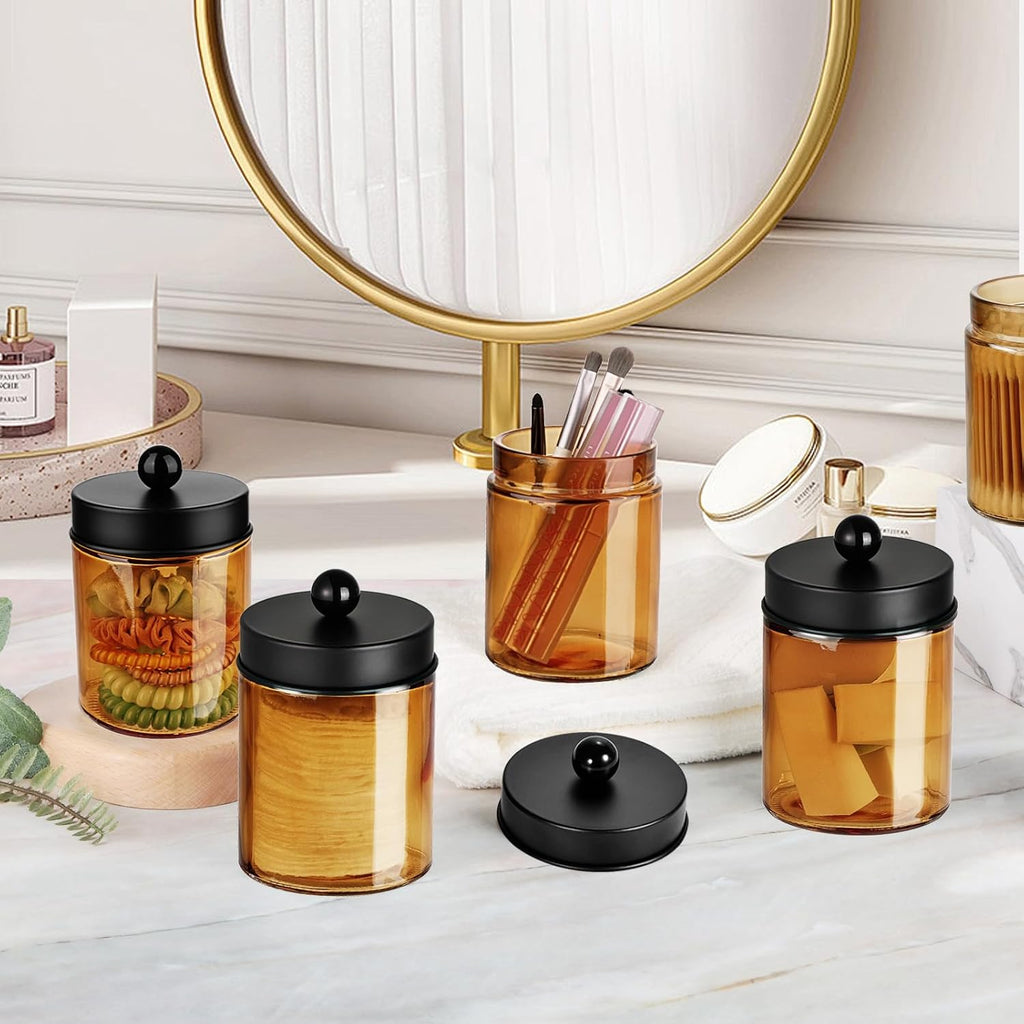 Amolliar Bronze Glass Apothecary Jar With Metal Lid & Stickers, Bathroom Qtip Dispenser Storage Canister, Perfect for Cotton Balls, Cotton Swabs, Makeup Pads, Bath Salt, Floss, 2 Pack (Black)