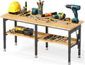 72” Adjustable Work Bench, 2-Layer Heavy Duty Workbench, 6000 LBS Capacity Workbench with Pegboard & Power Outlet, Rubber Wood Work Table for Garage, Office, Workshop, Home