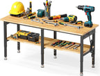 72” Adjustable Work Bench, 2-Layer Heavy Duty Workbench, 6000 LBS Capacity Workbench with Pegboard & Power Outlet, Rubber Wood Work Table for Garage, Office, Workshop, Home