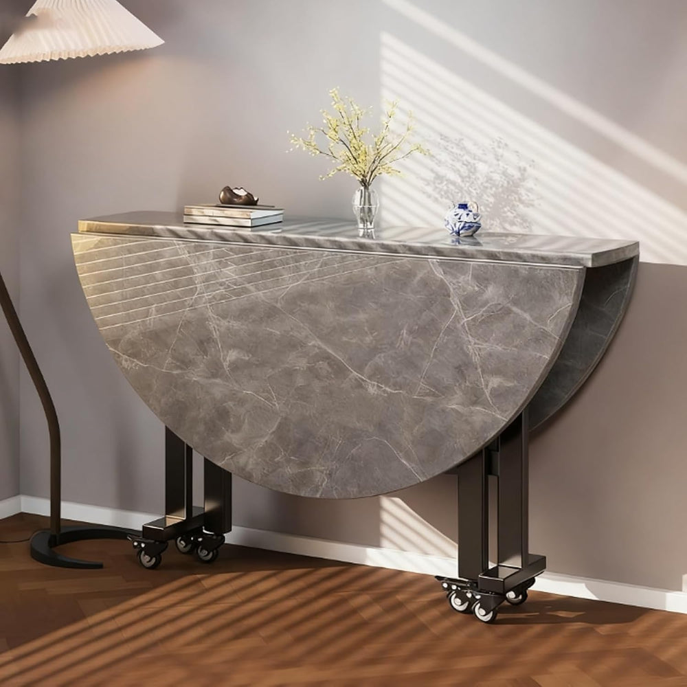 Round Drop Leaf Kitchen Dining Table with Wheels,Extendable Butterfly Table w...