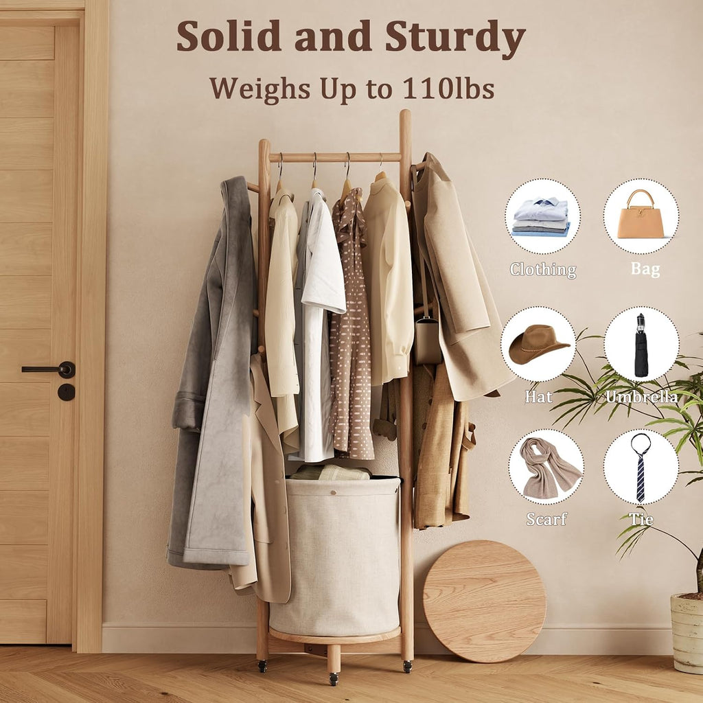 CycleCrew Solid Wood Coat Rack with Fabric Basket - Freestanding Coat Rack Rolling Coat Tree with 9 Hooks Wheels, Small Clothes Rack For Entryway Bedroom Hallway Living Room