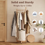 CycleCrew Solid Wood Coat Rack with Fabric Basket - Freestanding Coat Rack Rolling Coat Tree with 9 Hooks Wheels, Small Clothes Rack For Entryway Bedroom Hallway Living Room