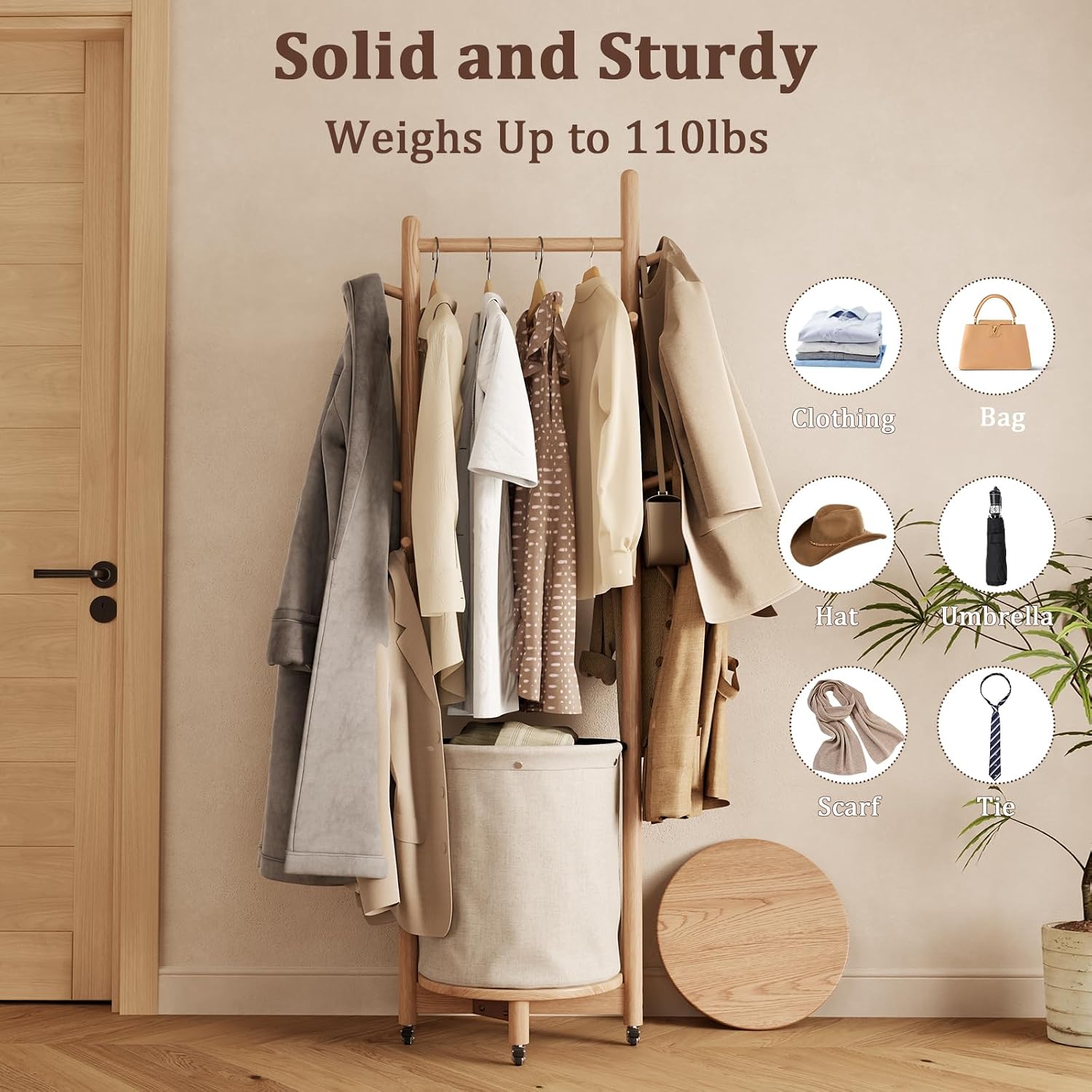 CycleCrew Solid Wood Coat Rack with Fabric Basket - Freestanding Coat Rack Rolling Coat Tree with 9 Hooks Wheels, Small Clothes Rack For Entryway Bedroom Hallway Living Room