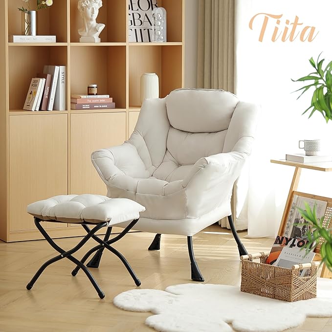 Tiita Lazy Chair with Ottoman, Modern Large Accent Lounge Armchair, Comfy Leisure Sofa Reading Chair with Footrest for Bedroom, Living Room, Dorm Rooms, Garden and Courtyard, Beige