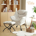 Tiita Lazy Chair with Ottoman, Modern Large Accent Lounge Armchair, Comfy Leisure Sofa Reading Chair with Footrest for Bedroom, Living Room, Dorm Rooms, Garden and Courtyard, Beige