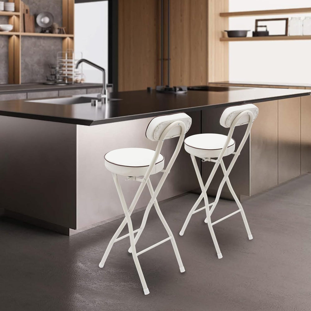 Set of 2-Folding Bar Stool Chair with Back, White Tall Foldable Chair Leather...