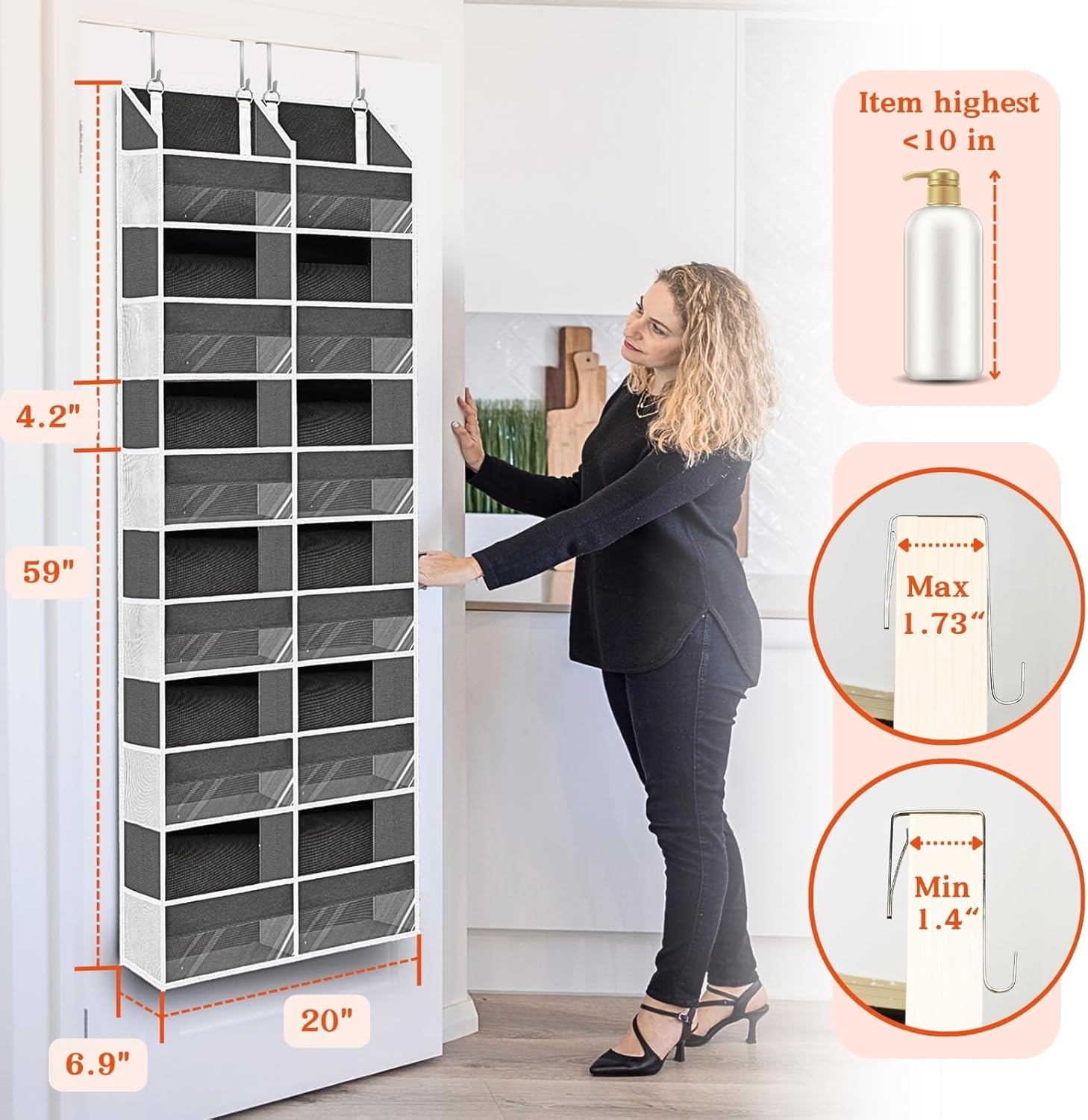 2 Pack Over The Door Organizer 6 Tiers, Extra Large Behind Door Storage of 12 Compartments, 80 lbs Weight Capacity Hanging Storage Organizer with Clear Window Kids Toys,Shoes (6 Tiers - Grey)