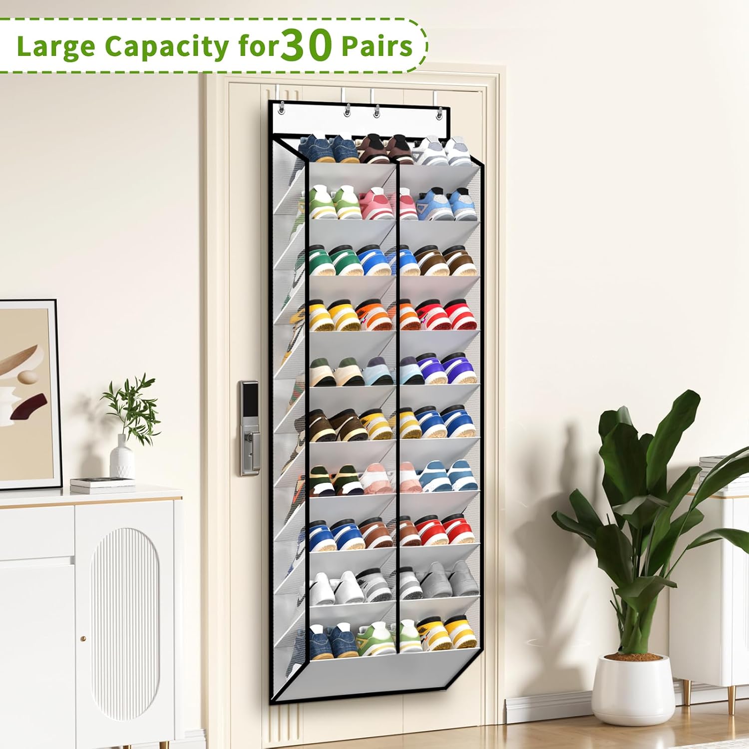 KEEPJOY 20-30 Pairs Over the Door Shoe Organizer, Mesh Hanging Shoe Rack for Door Storage with 20 Wide Deep Pockets,10-Tier White Door Shoe Holder Fits Sneakers, Boots.