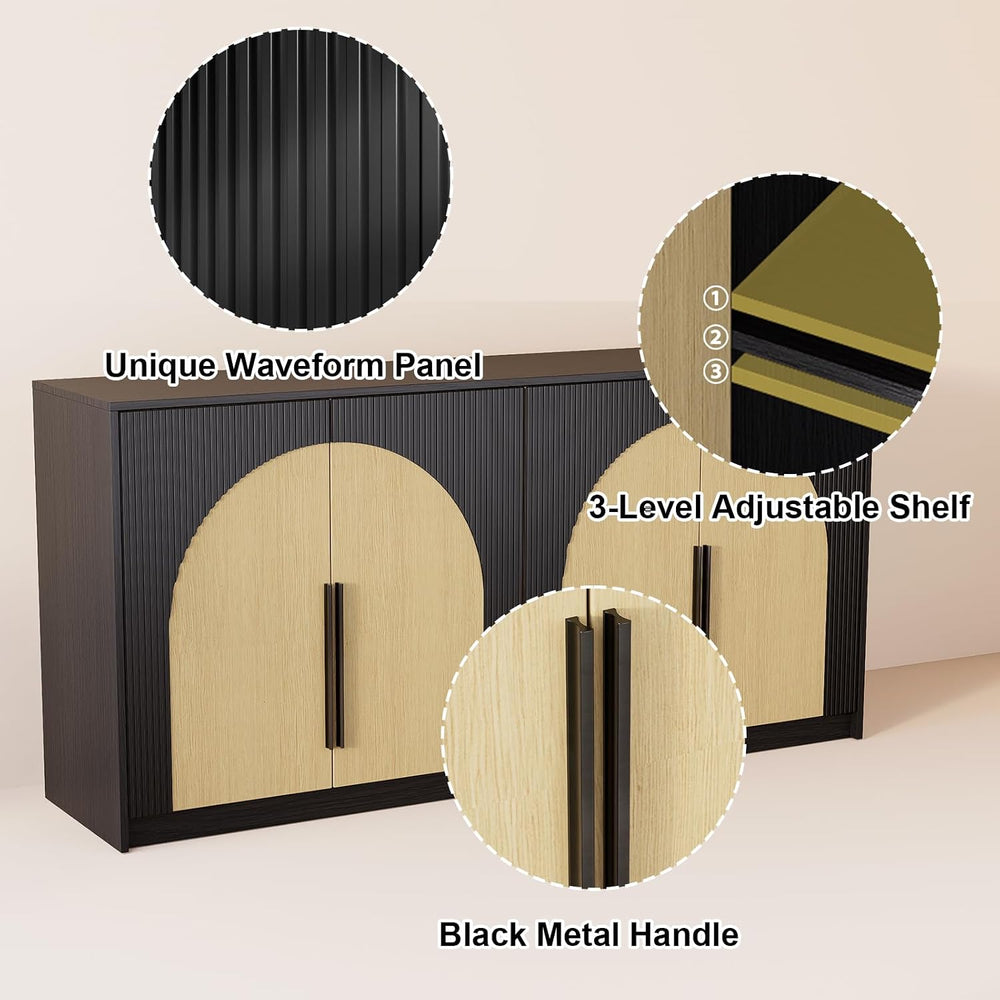 65 Inch Fluted Buffet Cabinet with Storage Symmetrical Arc Accent Sideboard L...