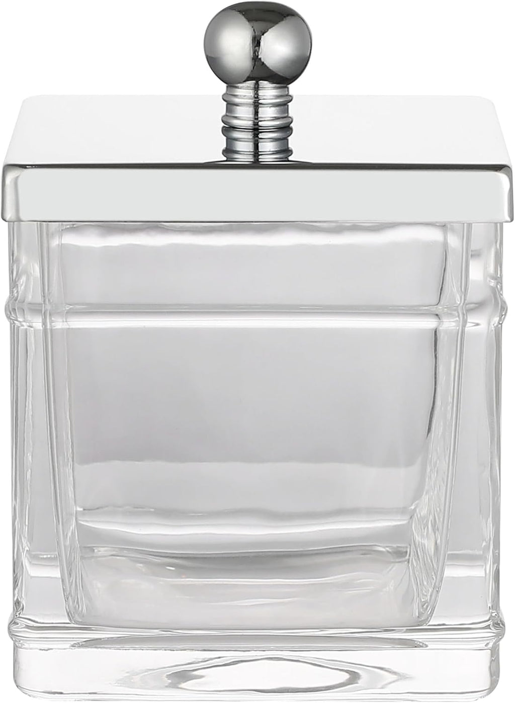 Apothecary Glass Cotton Jar Holder Silver Stainless Steel Lid, Elegant Bathroom Storage Canister for Qtips, Cotton Balls, Floss, Makeup Organizer, Vanity Bathroom Organization
