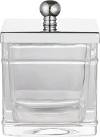 Apothecary Glass Cotton Jar Holder Silver Stainless Steel Lid, Elegant Bathroom Storage Canister for Qtips, Cotton Balls, Floss, Makeup Organizer, Vanity Bathroom Organization