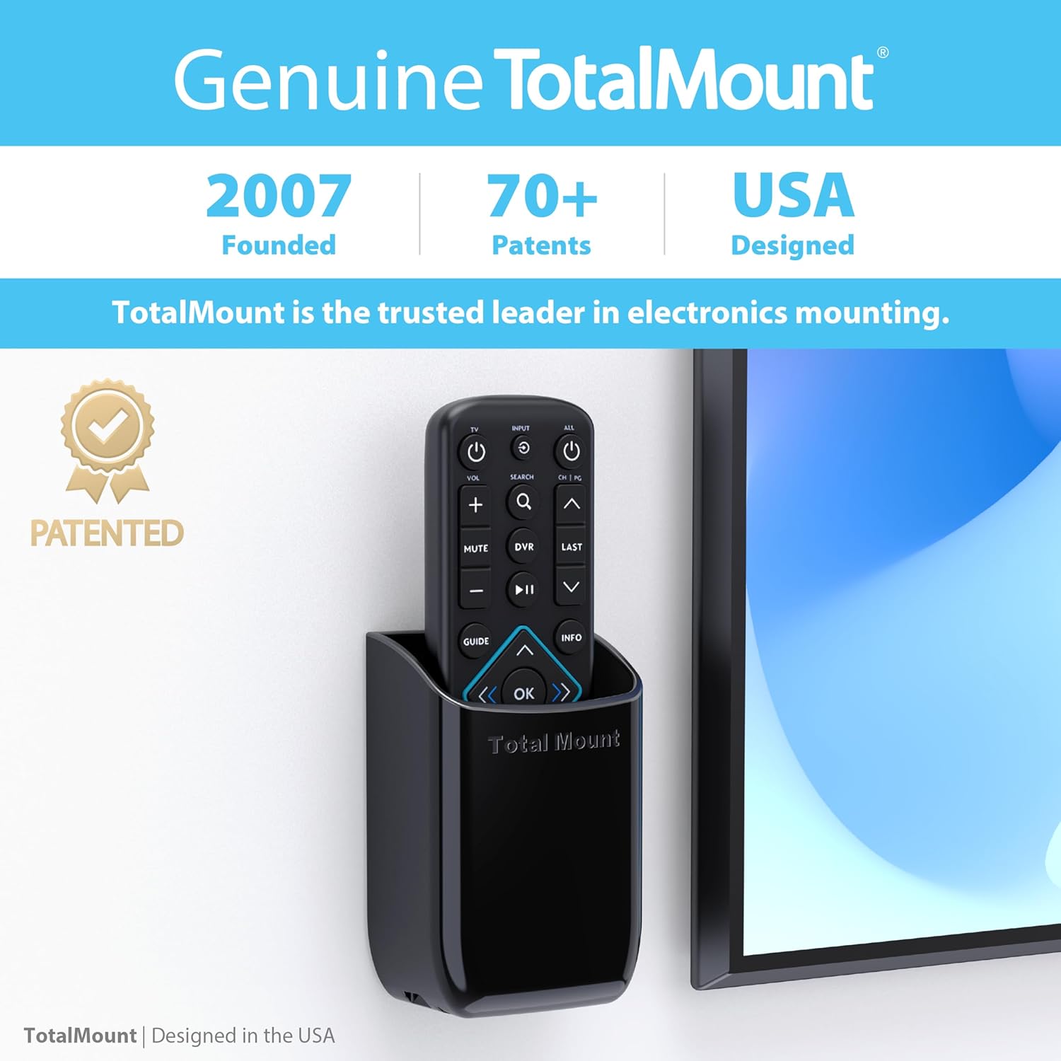 TotalMount Hole-Free Remote Control Holder – Eliminates Need to Drill Holes in Your Wall (Black, Quantity 1)