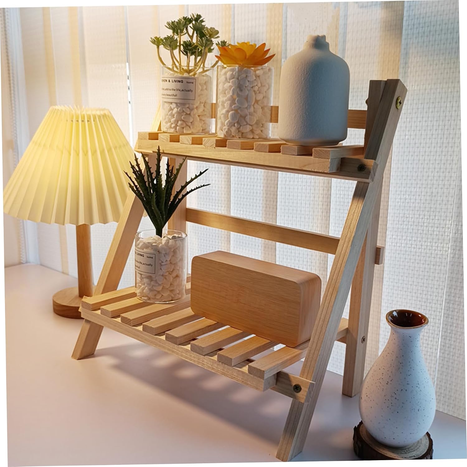 2 Tier Wooden Ladder Shelf for Table Shelf Unit 34x18x35cm Foldable Standing Simple Style Trapezoidal Flower Ladder Stand for Garden Living Room Bedroom