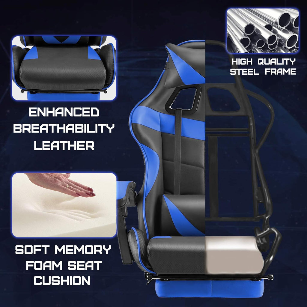 Huracan Gaming Chair with Footrest, Ergonomic Computer Chair Lumbar Support, Adjustable High Back Recliner for Adults, Racing Style Video Gaming Chairs, for Home Office Streaming, Blue
