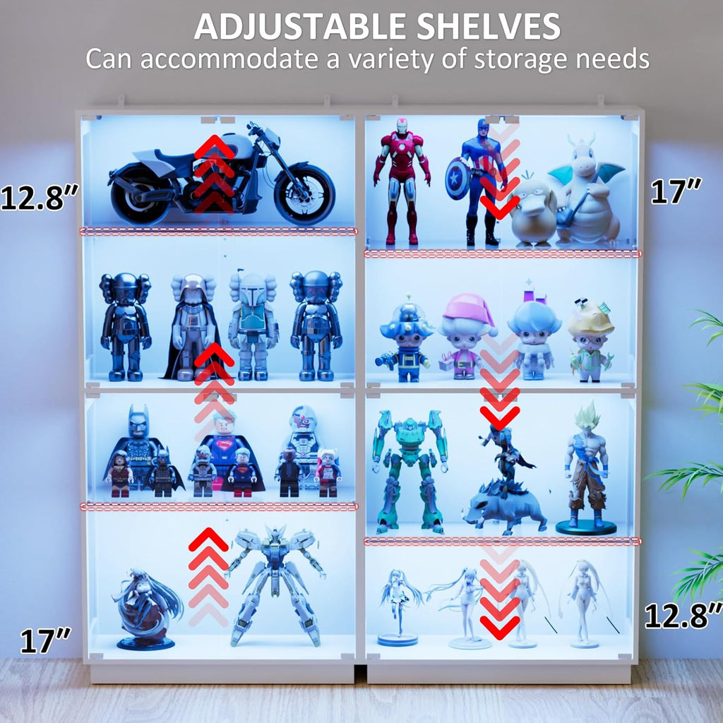 Display Cabinet with Glass Doors 4 Tier Glass Display Case with RGB LED Lights Display Cases for Collectibles Adjustable Shelves Display Case, for Game Room, Living Room, Bedroom, White